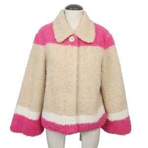 Anthropologie‎ Teddy Coat XS Beige Pink Colorblock Snap Front Faux Fur Jacket